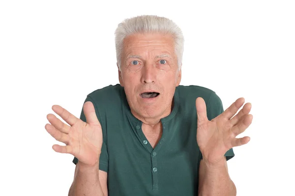 Крупным Планом Портрет Удивленного Пожилого Человека Белом Фоне — стоковое фото