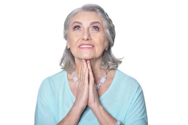 Портрет Сумної Старшої Жінки Яка Молиться Ізольовано Білому Тлі — стокове фото