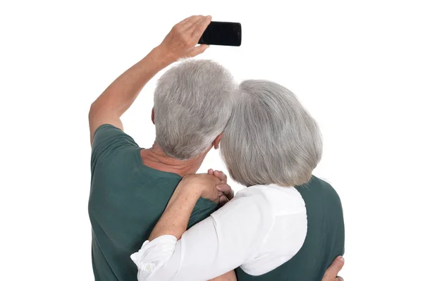 Retrato Pareja Mayor Tomando Selfie Aislado Sobre Fondo Blanco — Foto de Stock