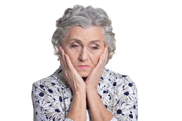 Ritratto Triste Donna Anziana Isolata Sfondo Bianco — Foto Stock