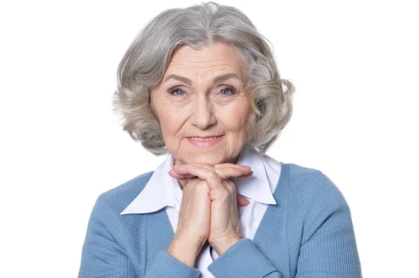 Porträt Einer Schönen Seniorin Die Vor Weißem Hintergrund Posiert — Stockfoto