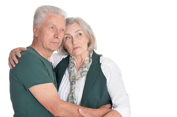 Portret Van Triest Senior Paar Geïsoleerd Witte Achtergrond — Stockfoto