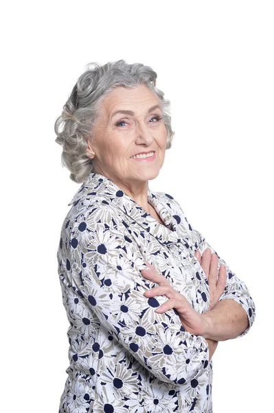 Portret Van Mooie Senior Vrouw Poseren Tegen Witte Achtergrond — Stockfoto