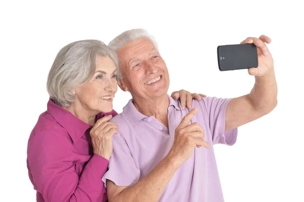 Portrét Starší Pár Selfie Izolovaných Bílém Pozadí — Stock fotografie