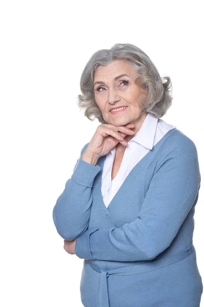 Retrato Bela Mulher Sênior Posando Contra Fundo Branco — Fotografia de Stock