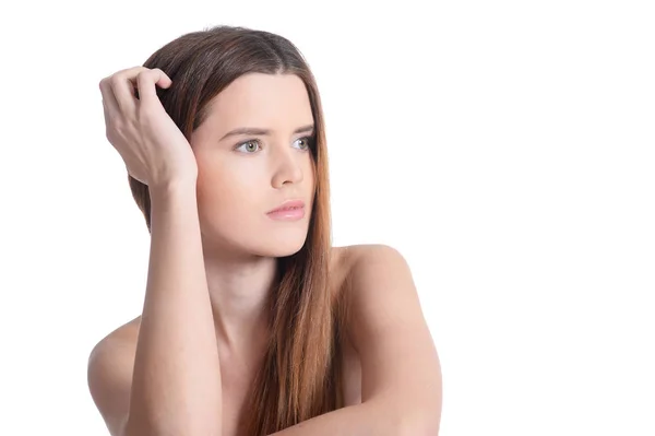 Retrato Una Hermosa Joven Posando Aislada Sobre Blanco — Foto de Stock