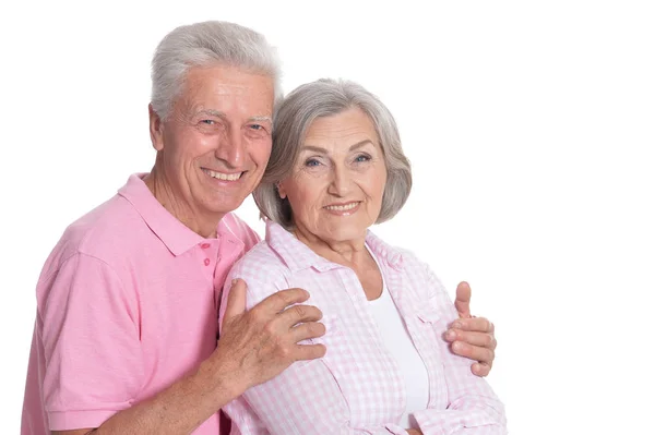 Retrato Feliz Pareja Ancianos Sobre Fondo Blanco —  Fotos de Stock