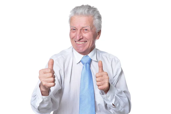 Feliz Homem Sênior Mostrando Polegares Para Cima Isolado Fundo Branco — Fotografia de Stock
