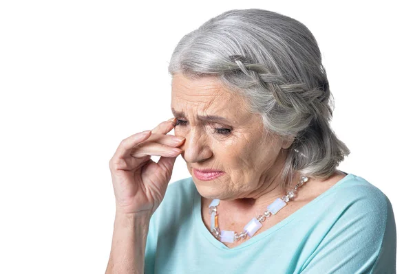 Retrato Mujer Mayor Triste Llorando Sobre Fondo Blanco — Foto de Stock