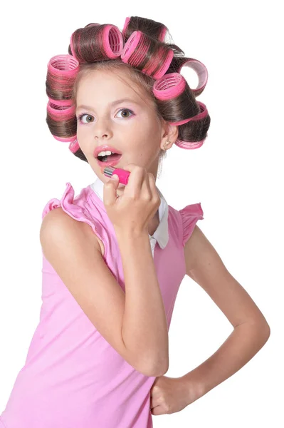 Saç curlers içinde küçük güzel kız — Stok fotoğraf