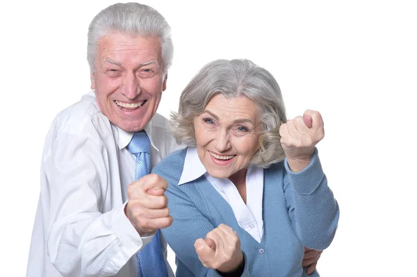 Porträt Eines Glücklichen Senioren Paares Gestikuliert Auf Weißem Hintergrund — Stockfoto