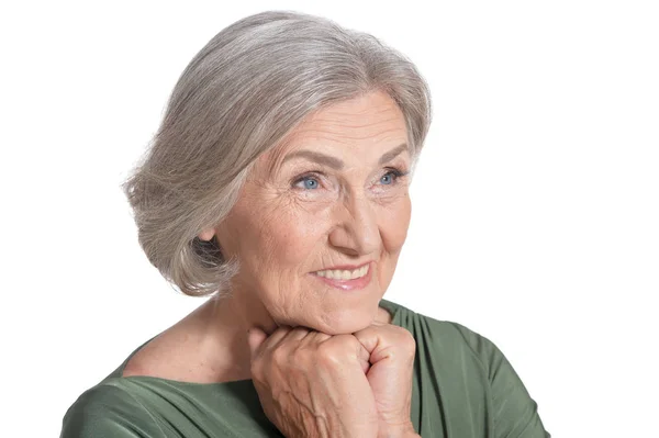 Portret Van Mooie Senior Vrouw Poseren Geïsoleerd Witte Achtergrond — Stockfoto