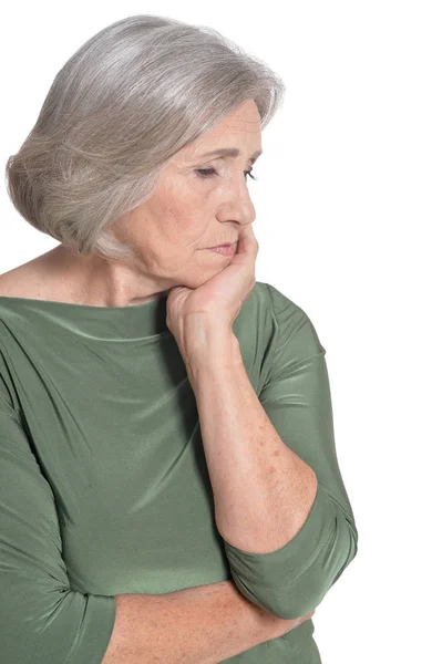 Retrato Mujer Mayor Triste Aislada Sobre Fondo Blanco — Foto de Stock