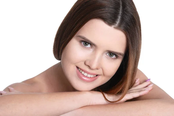 Retrato Una Hermosa Joven Posando Aislada Sobre Blanco — Foto de Stock