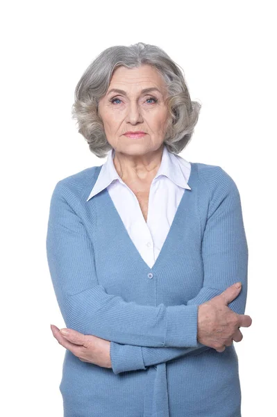 Retrato Mujer Mayor Triste Aislada Sobre Fondo Blanco — Foto de Stock