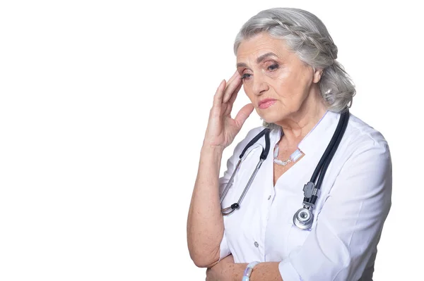 Female Senior Doctor Headache White Background — Stock Photo, Image
