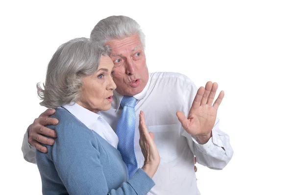 Portrait Surprised Senior Couple White Background — Stock Photo, Image