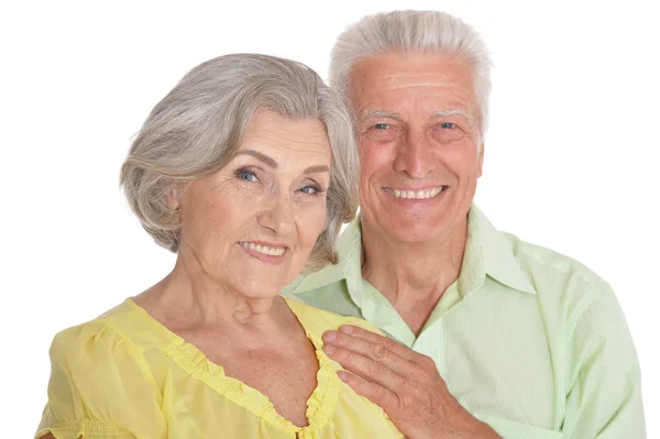 Retrato Feliz Pareja Ancianos Sobre Fondo Blanco —  Fotos de Stock