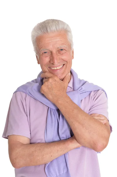 Close Van Portret Van Senior Man Geïsoleerd Witte Achtergrond — Stockfoto