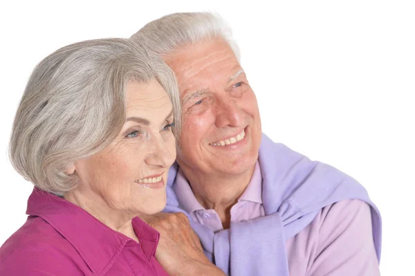 Portret Van Gelukkige Senior Paar Witte Achtergrond — Stockfoto
