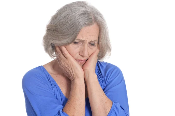 Ritratto Triste Donna Anziana Isolata Sfondo Bianco — Foto Stock