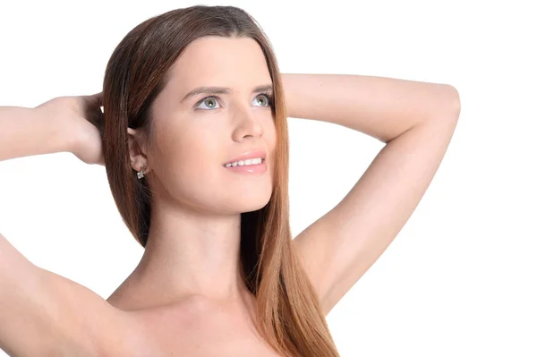 Retrato Una Hermosa Joven Posando Aislada Sobre Blanco — Foto de Stock