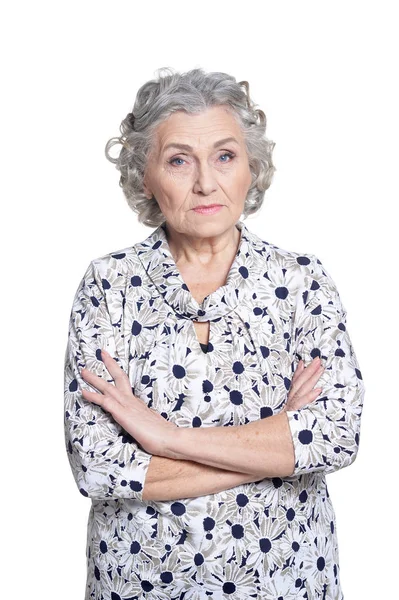 Retrato Mujer Mayor Triste Aislada Sobre Fondo Blanco — Foto de Stock