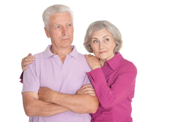 Portret Van Triest Senior Paar Geïsoleerd Witte Achtergrond — Stockfoto