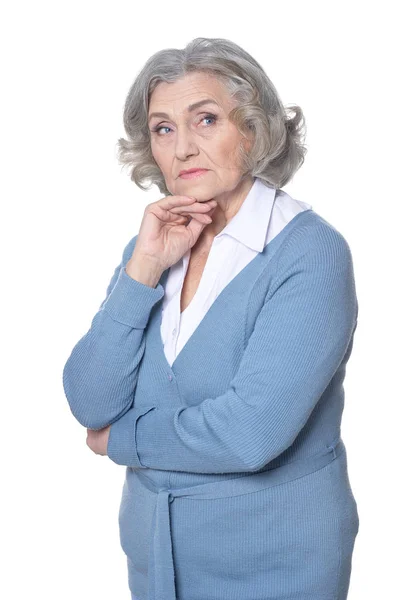 Portret Van Triest Senior Vrouw Geïsoleerd Witte Achtergrond — Stockfoto