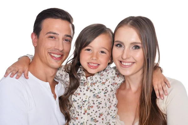Gelukkig gezin van drie op wit — Stockfoto