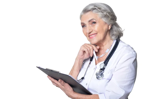 Senior Female Doctor Folder White Background — Stock Photo, Image