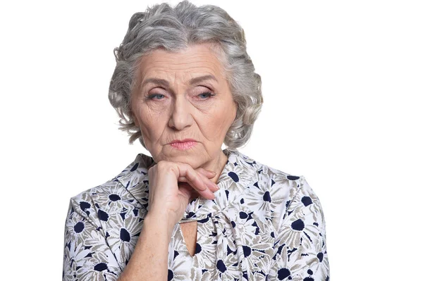 Portrait Sad Senior Woman Isolated White Background — Stock Photo, Image