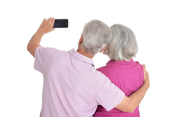 Zadní Pohled Starší Pár Objímání Užívat Selfie Izolovaných Bílém Pozadí — Stock fotografie