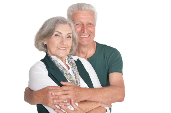 Portret Van Gelukkige Senior Paar Witte Achtergrond — Stockfoto