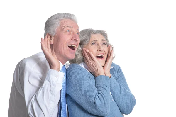 Porträt Eines Glücklichen Senioren Paares Das Auf Weißem Hintergrund Nach — Stockfoto
