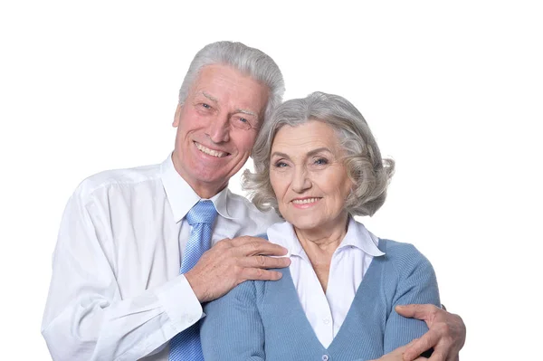 Retrato Feliz Pareja Ancianos Sobre Fondo Blanco — Foto de Stock