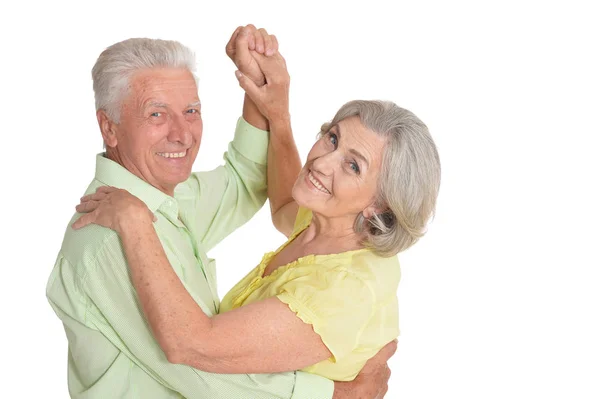 Retrato Pareja Mayor Bailando Aislada Sobre Fondo Blanco — Foto de Stock