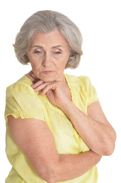 Retrato Mujer Mayor Triste Aislada Sobre Fondo Blanco — Foto de Stock