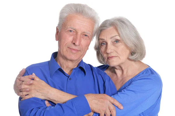 Retrato Feliz Pareja Ancianos Sobre Fondo Blanco — Foto de Stock