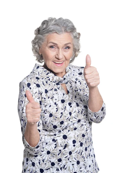 Beautiful Mature Woman Showing Thumbs Close Portrait — Stock Photo, Image