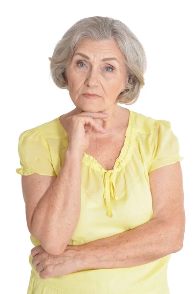 Portrait Sad Senior Woman Isolated White Background — Stock Photo, Image