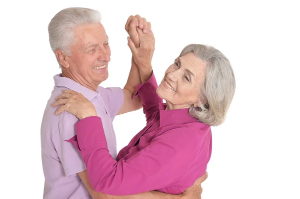 Portrait Heureux Couple Personnes Âgées Dansant Sur Fond Blanc — Photo