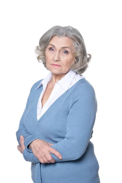 Porträt Einer Traurigen Seniorin Isoliert Auf Weißem Hintergrund — Stockfoto