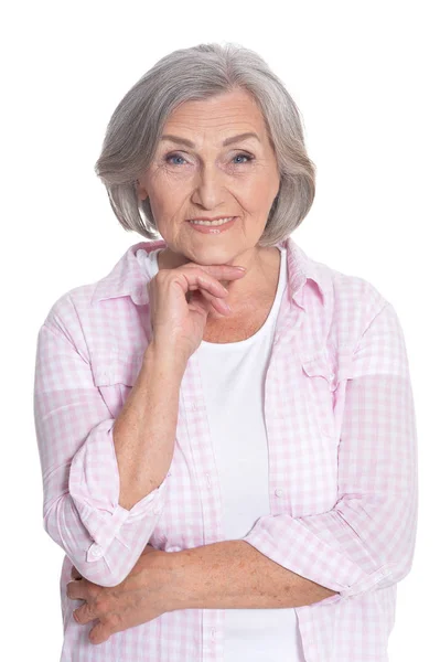 Porträtt Vacker Senior Kvinna Poserar Isolerad Vit Bakgrund — Stockfoto