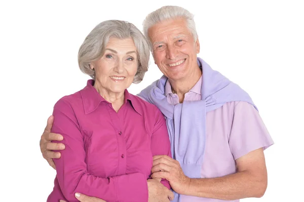 Retrato Feliz Pareja Ancianos Sobre Fondo Blanco — Foto de Stock