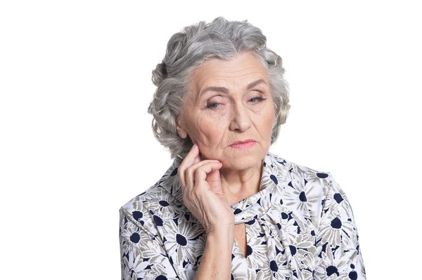 Retrato Mulher Idosa Triste Isolado Fundo Branco — Fotografia de Stock