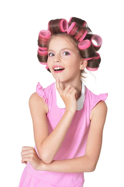 Little pretty girl   in hair curlers — Stock Photo, Image