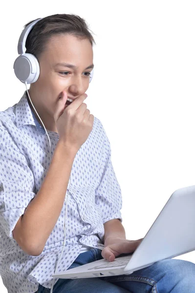 Studio Portrait Teenage Boy Using Laptop Isolated White Background — Stock Photo, Image