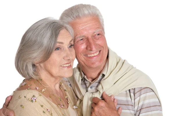 Retrato Feliz Pareja Ancianos Tomados Mano Aislados Sobre Fondo Blanco —  Fotos de Stock