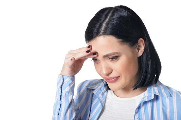 Ritratto Giovane Donna Che Pensa Isolata Sfondo Bianco — Foto Stock